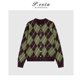 04-2潘依绣丁丁宠粉复古菱格纹学院风圆领长袖针织开衫Q36694