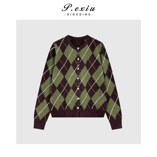 04-2潘依绣丁丁宠粉复古菱格纹学院风圆领长袖针织开衫Q36694 商品图0