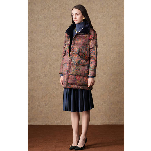 乔万尼复古感90白鸭绒保暖修身撞色领中长款羽绒服EI4T679 商品图1