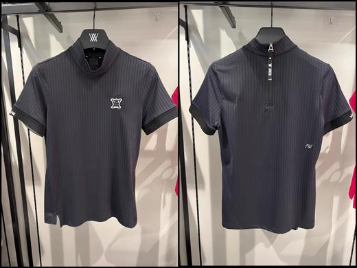 An家新款女士立领条纹短袖上衣来啦！渠道高品质采用高纱支的坑条条纹弹力面料，品质极高上身极其舒适，轻薄透气。这种条纹颜色比例也很难控制，所以这是一款看似简单实则非常耗费时间，面料成本又极高的一款T恤！ 商品图1