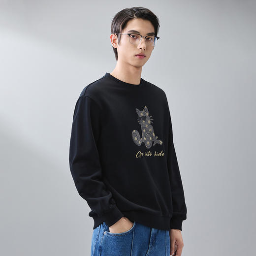 GXG男装【100%棉】春季卡通眼镜小猫情侣款圆领卫衣K&C 商品图1