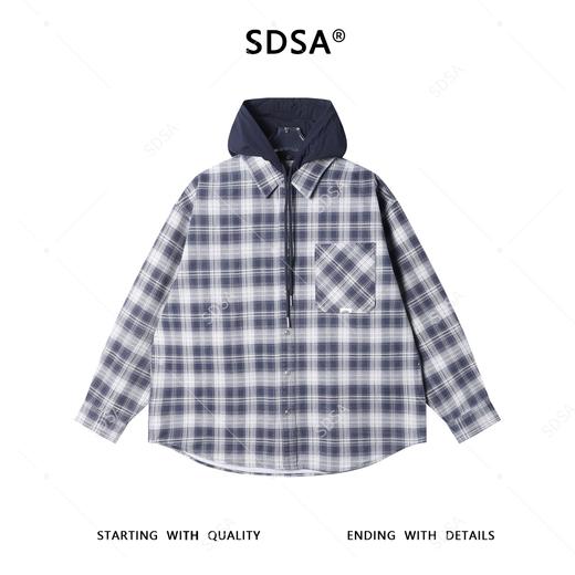 12702SDSA男士秋冬新款痞帅男装潮牌撞色格纹拼接连帽按扣长袖衬衫百搭 商品图1