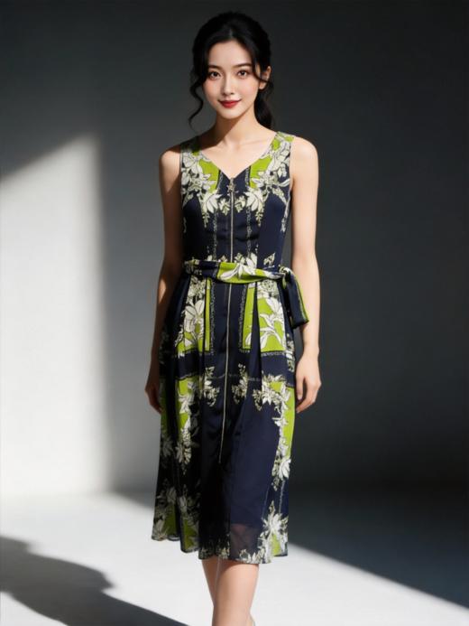 SZ3S37_绀蝶色_连衣裙_春夏_V领无袖腰带收腰A字中长款撞色印花雪纺_高级女装_BERNIEELEN 伯妮斯茵 商品图0