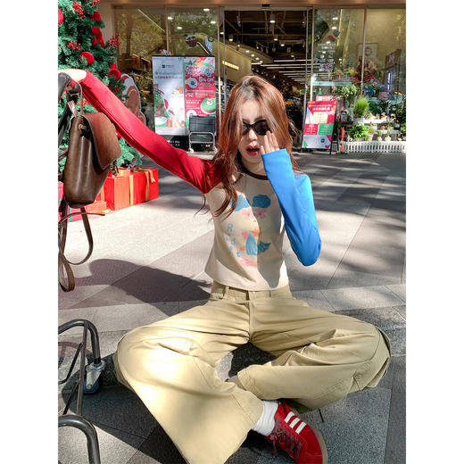 <曾小咸推荐>3.14现货秒杀 ！微信超特价！韩系涂鸦撞色长袖t恤 日常139.99 立减70 秒杀69.99！！ 商品图2