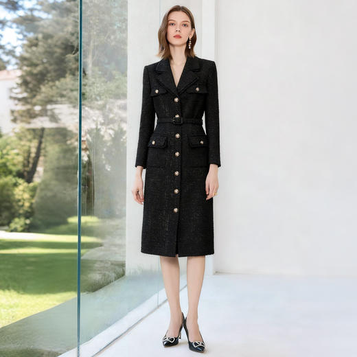 IWY/小香风粗花呢连衣裙女黑色金属扣收腰显瘦通勤高级感工装裙WQ001-B 商品图0