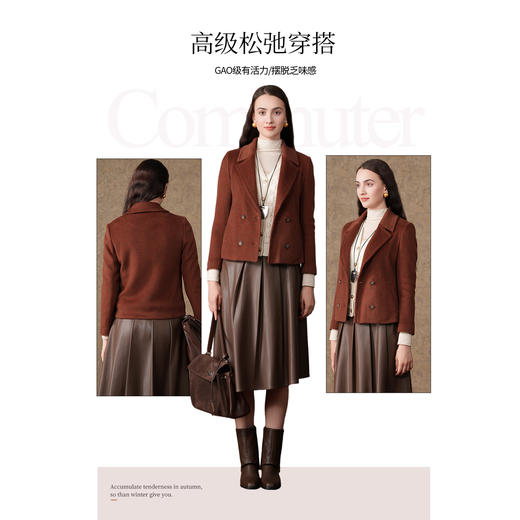 乔万尼100%绵羊毛短款翻领双排扣正肩利落感羊毛外套短大衣EF4B178 商品图2