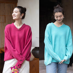 绽放630朵/纯绵羊毛衫v领套头毛针织衫新款打底衫宽松落肩毛衣女