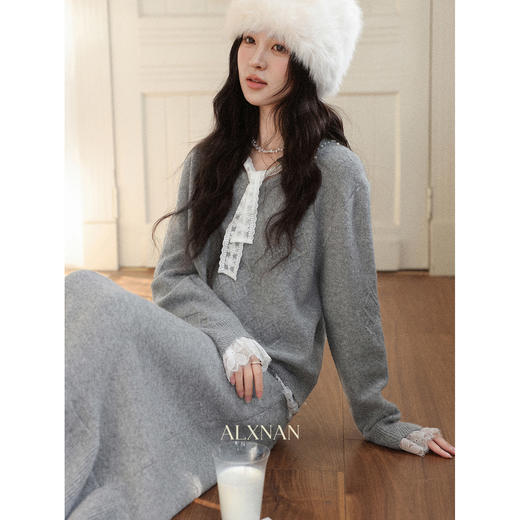 鹿向南「棕意霜柔」灰色设计感长袖毛衣秋冬新款灰色半身裙套装女 商品图3