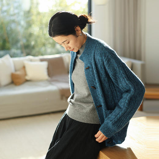 绽放020朵/山羊绒桑蚕丝花纱棒针绞花开襟毛针织衫春新款开衫外套 商品图0