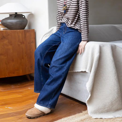 绽放003朵/雾蓝暖牛仔·深蓝直筒加毛显瘦牛仔长裤阔腿裤春季新款 商品图0