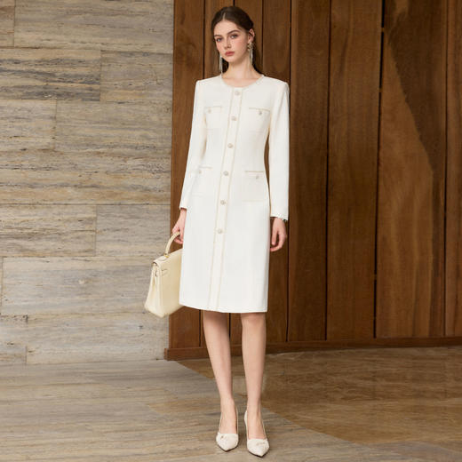 IWY/小香风米白色长袖连衣裙女珍珠扣显瘦通勤优雅西装裙工作服J25Q261-M 商品图3