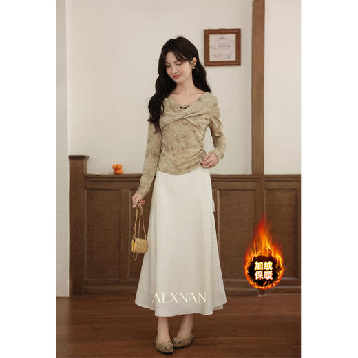 鹿向南「月光染」杏色法式半身裙女秋冬缎面半裙气质拼接蕾丝裙子 商品图1