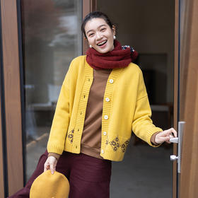 绽放073朵/纯羊毛添福提花开衫·100羊毛提花短款开衫毛衣外套女