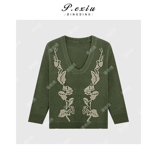 04-2潘依绣丁丁宠粉慵懒风宽松重工提花U领长袖针织上衣Q7982 商品图0