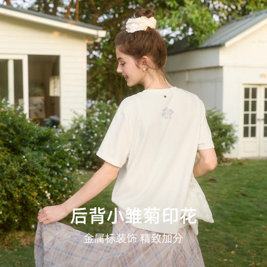 三彩2026春季新款圆领正肩短袖字母印花小雏菊T恤套头上衣休闲M 商品图3