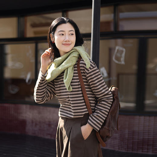 特绽放064朵/如一·棉混氨针织撞色条纹长袖T恤一字领百搭打底衫 商品图0