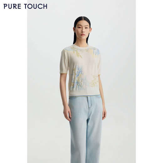 商场同款PURE TOUCH女装26春夏新款短袖针织衫绵羊毛植物印花半袖 商品图0