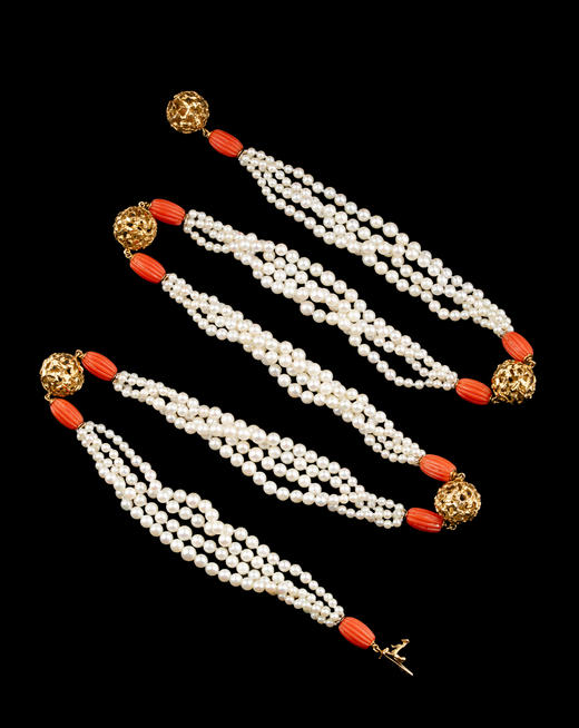 独角鹿西洋古董20世纪后期法国顶级珠宝品牌卡地亚出品球形18K黄金精雕镶嵌多股式珍珠及珊瑚项链 商品图6