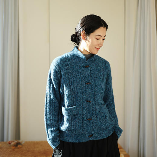 绽放020朵/山羊绒桑蚕丝花纱棒针绞花开襟毛针织衫春新款开衫外套 商品图1