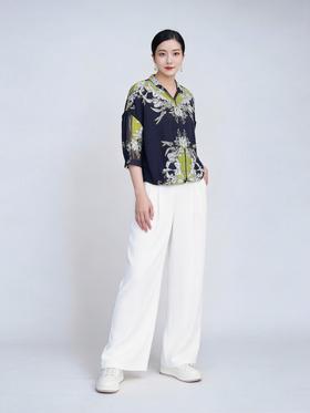 SZ3F02_绀蝶色_衬衫_秋季_V领七分袖宽松落肩撞色花卉_高级女装_BERNIEELEN 伯妮斯茵
