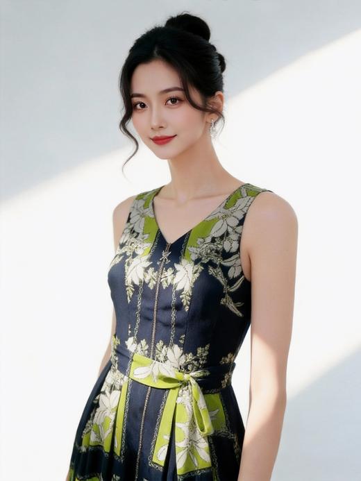 SZ3S37_绀蝶色_连衣裙_春夏_V领无袖腰带收腰A字中长款撞色印花雪纺_高级女装_BERNIEELEN 伯妮斯茵 商品图2