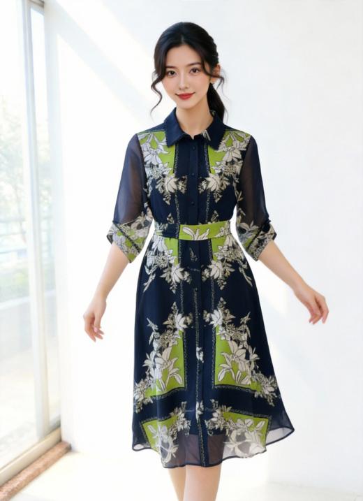 SZ3S05_绀蝶色_连衣裙_春夏_翻领七分袖腰带收腰A字中长款印花雪纺_高级女装_BERNIEELEN 伯妮斯茵 商品图3