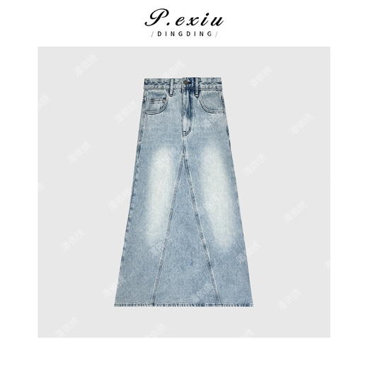 PanYiXiu/潘依绣设计感渐变磨白通勤百搭A字牛仔半身裙 D6637 商品图1