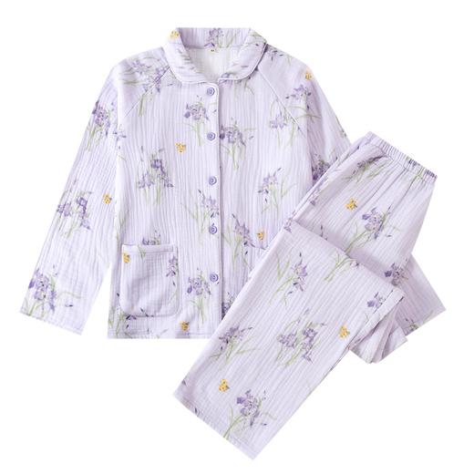 A类纯棉四层皱纱睡衣女春秋冬季鸢尾瓢虫翻领常规家居服套可外穿 商品图4