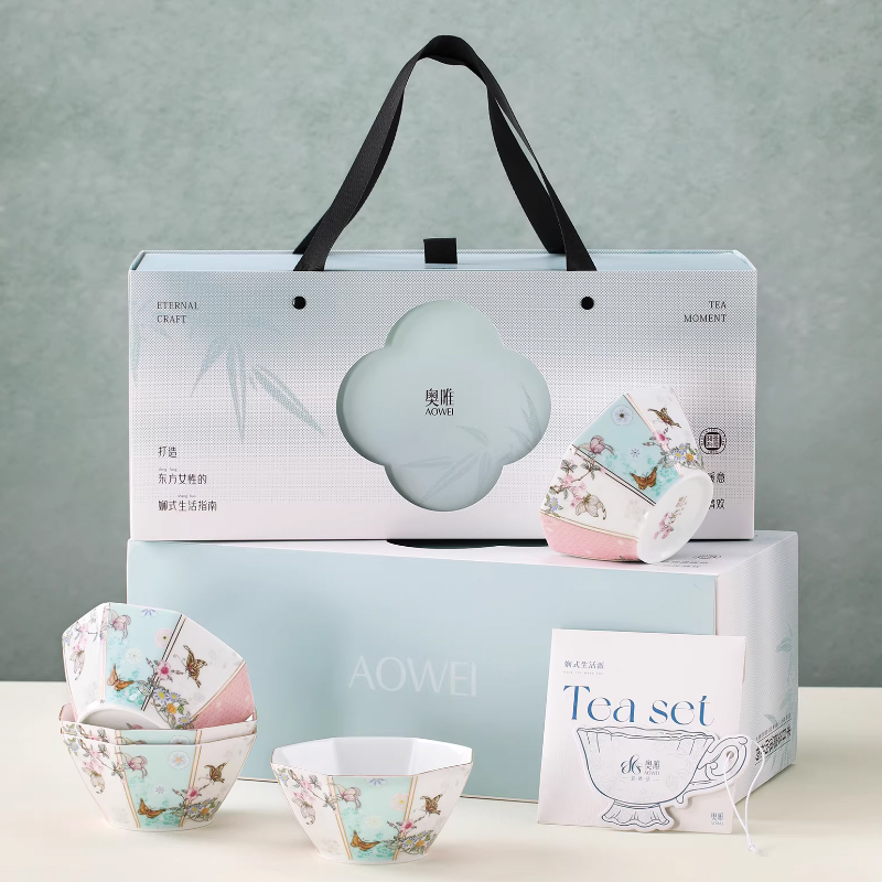 【喜相逢】景德镇礼物 奥唯 喜相逢五碗组合装 赠五双鸡翅木筷子 咖啡下午茶杯碟套装 新婚乔迁礼物 