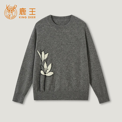 KINGDEER/KD百搭圆领常规大花保暖毛衣休闲套衫羊绒衫L805626温婉奶油款鹿王 商品图14