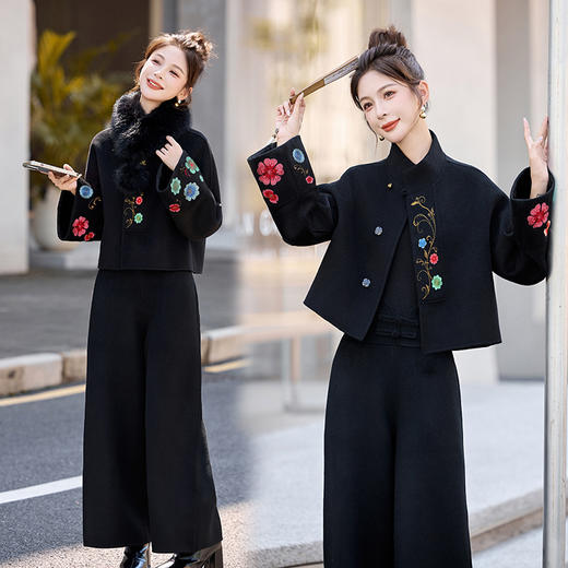 冬装绣花新中式双面呢外套阔腿两件套（含围巾）ZMFS25916 商品图0
