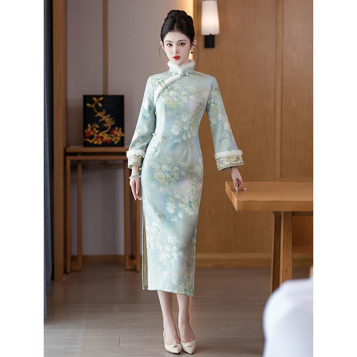 新中式复古冬季长袖加绒加厚提花修身显瘦高级感气质旗袍DXJ 商品图3