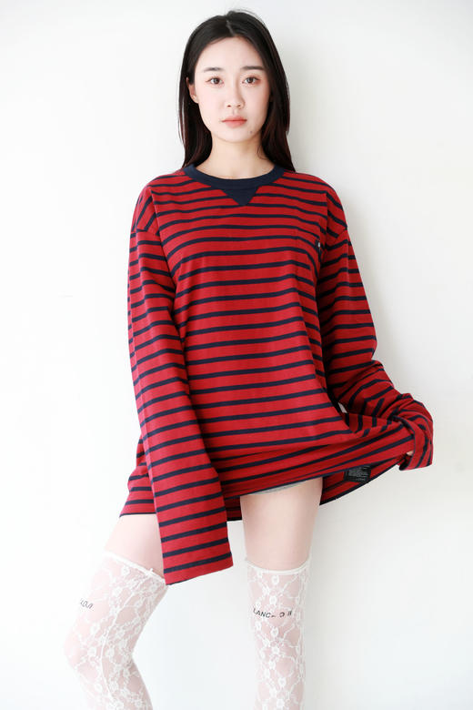 复古条纹tee，长袖+短袖哇。Oversize胸口横标平纹针织t恤E011788 商品图11