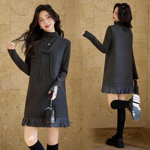 2026春装新韩系木耳边亮片V领蝴蝶结连衣裙两件套YJLY2610 商品图0