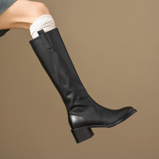 【预售5天】英伦风圆头粗跟骑士靴小个子高跟长靴粗跟黑色长筒靴CB&068 商品图0