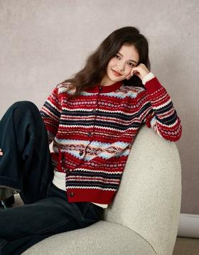 费尔岛定位提花织100%绵羊毛开衫毛衫