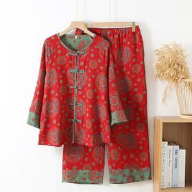 国风纯棉红色家居服女新中式睡衣春秋季本命红福中老年家居服套装