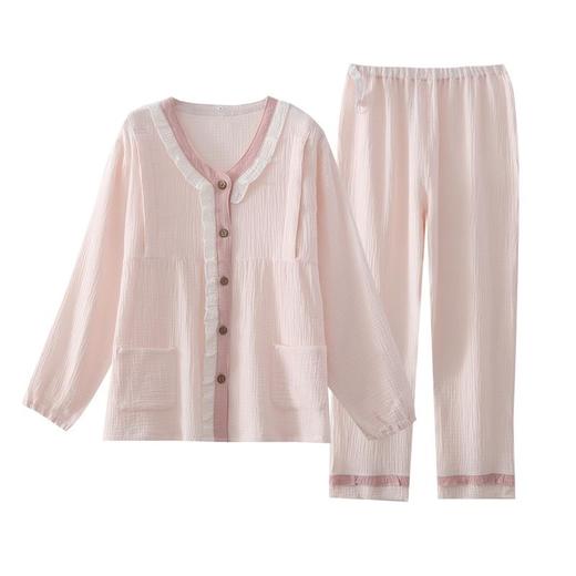 纯棉双层绉布月子服产后春夏吸汗透气甜美纯色纱布孕妇哺乳家居服 商品图4