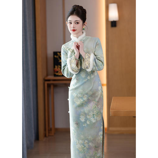 新中式复古冬季长袖加绒加厚提花修身显瘦高级感气质旗袍DXJ 商品图0