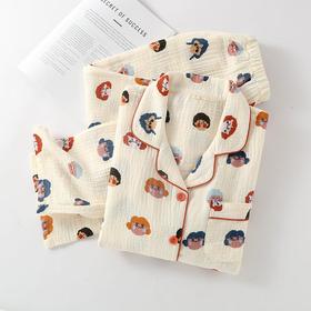 新款可爱卡通双层纱布纯棉女睡衣春秋夏季薄款长袖全棉家居服套装