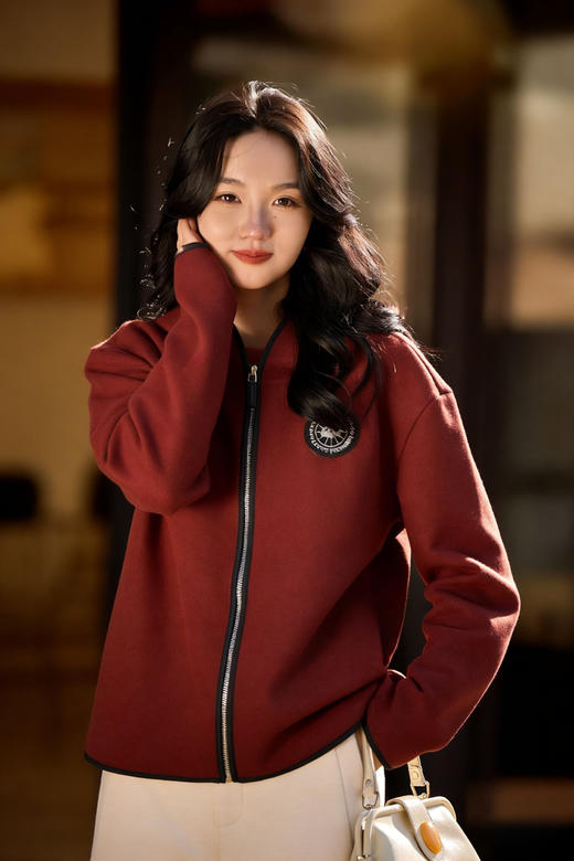 大鹅同款安可拉红毛呢混纺休闲阔型拉链外套 商品图2