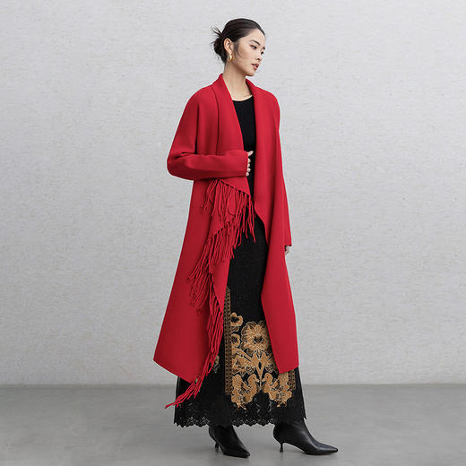 【林栖设计小店】贺岁红运|红色绵羊毛复古优雅2026春新款流苏毛织外套T1961382 商品图3