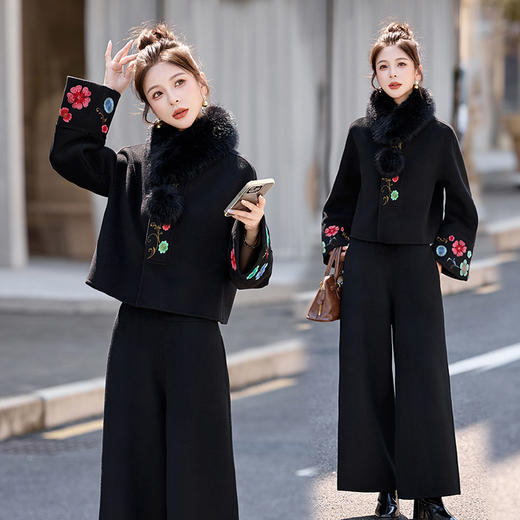 冬装绣花新中式双面呢外套阔腿两件套（含围巾）ZMFS25916 商品图2