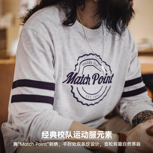 马登工装美式条纹刺绣圆领卫衣灰色薄款正肩无帽通勤长袖T恤男春 商品图2