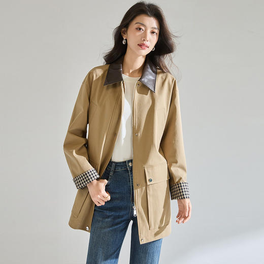 「高货sh」全新升级【铂金会员404/天猫549/差价145】(95550)洛诗琳2026春季气质巴恩风撞色PU皮翻领格纹拼接风衣外套 商品图3