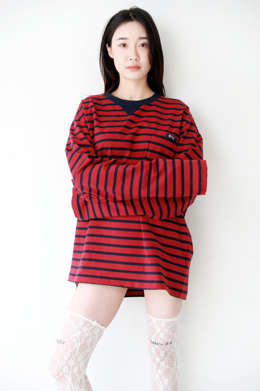 复古条纹tee，长袖+短袖哇。Oversize胸口横标平纹针织t恤E011788 商品图12