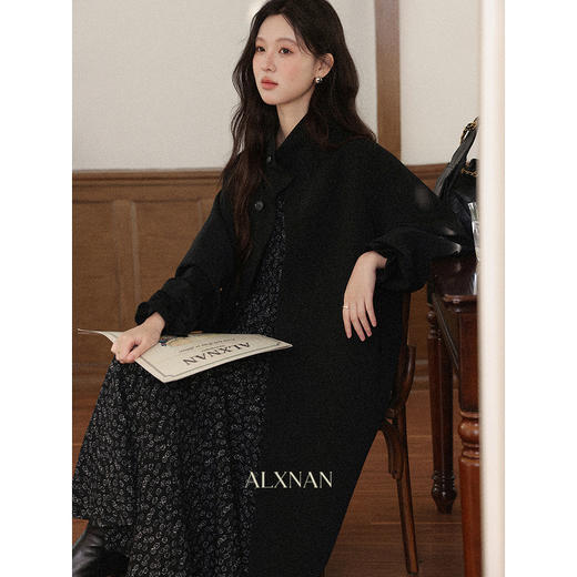 鹿向南「墨雨碎花」黑色长袖碎花连衣裙女秋季新款高腰设计感长裙 商品图4