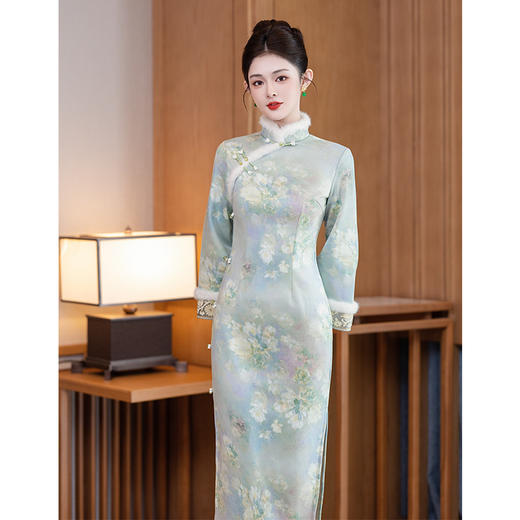 新中式复古冬季长袖加绒加厚提花修身显瘦高级感气质旗袍DXJ 商品图2