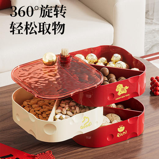 隐藏式牙签盒【新年喜庆果盘❗️迎新春献瑞果】奢华旋转水果盘欧式双层分区水晶果盘家用零食干果收纳置物糖果盘。jc 商品图2