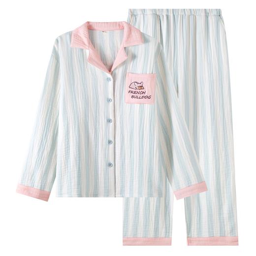 纯棉纱布四层加厚睡衣女春秋冬季新款条纹卡通刺绣长袖长裤家居服 商品图4